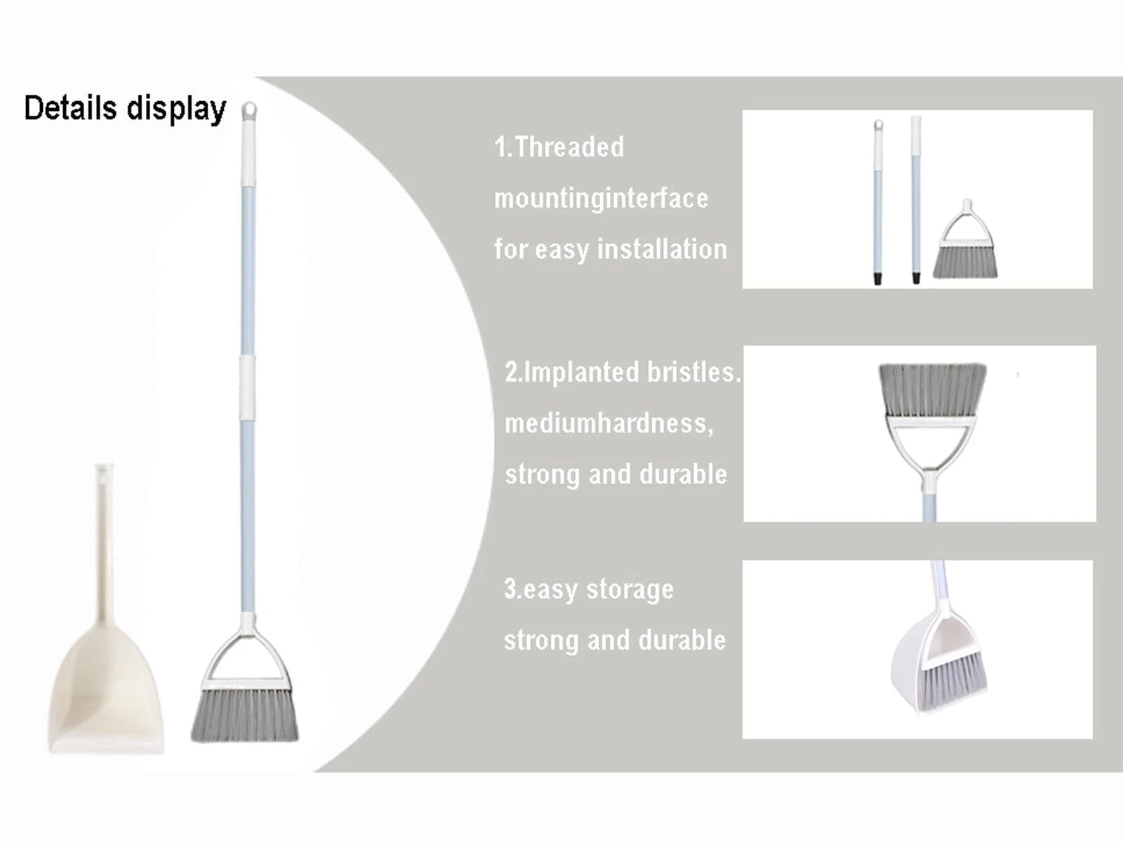 Mini Broom with Dustpan for Kids Little Housekeeping Helper Set White+Grey