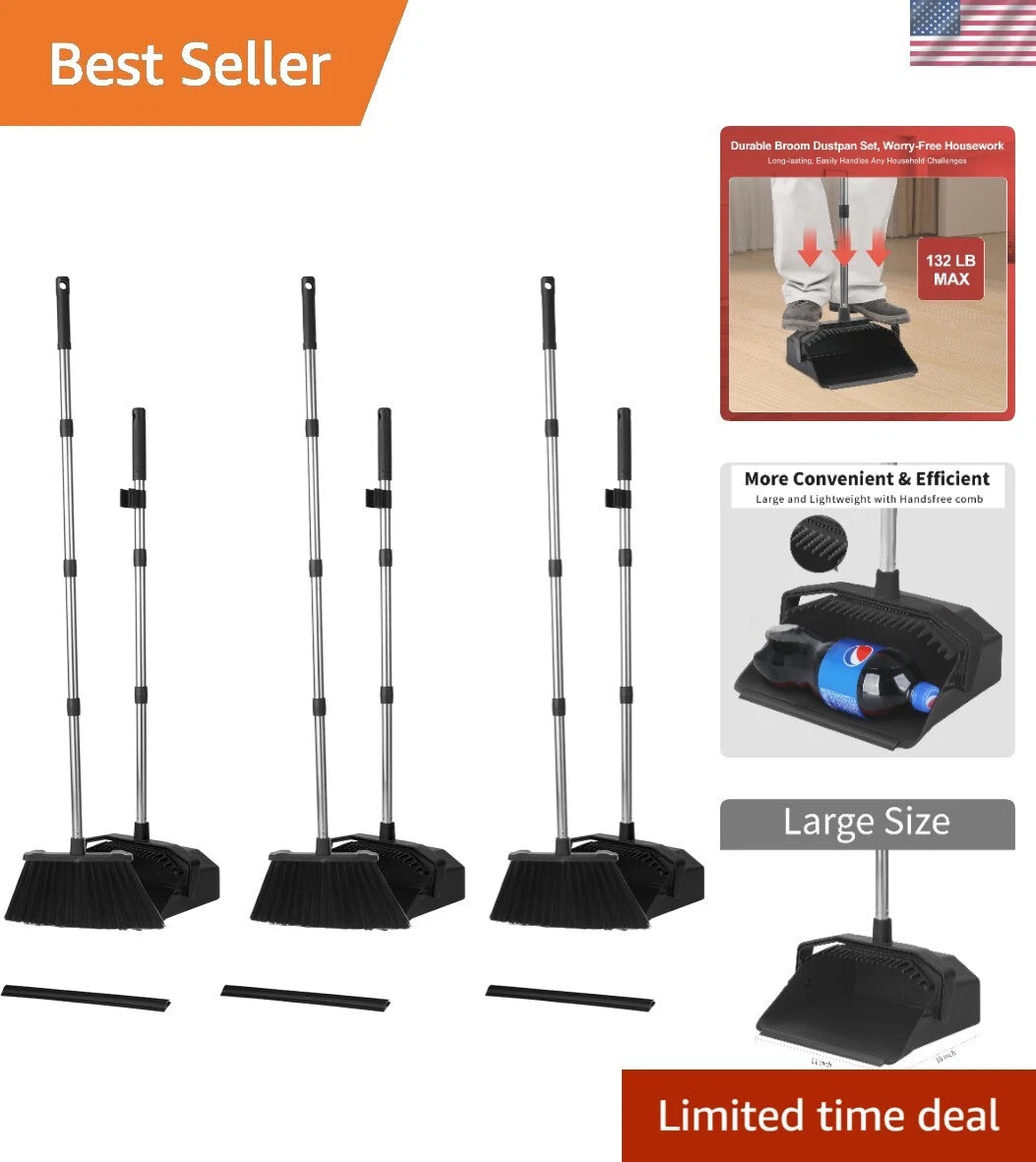 Space-Saving Broom & Dustpan Set - Long Handle, Heavy Duty Cleaning Tools