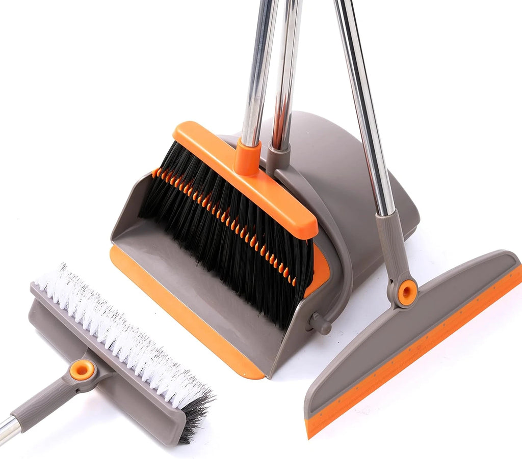 Multifunction 3-In-1 Broom and Dustpan Silicone Broom Squeegee Scrub Brush Set