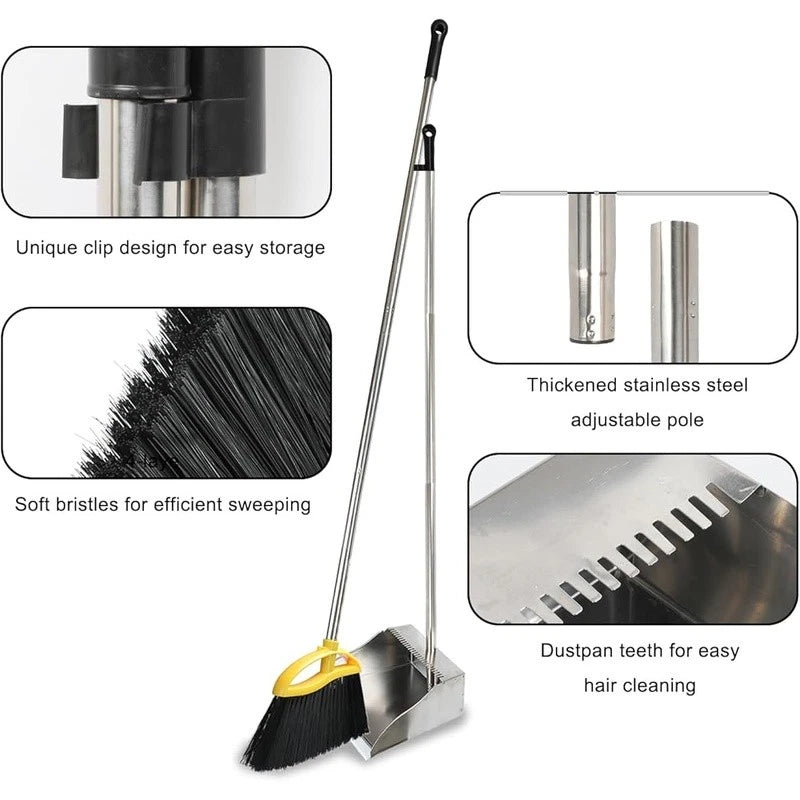 Broom & Dustpan Set Adjustable Handle Soft Bristles Indoor Floor Cleaning Tool