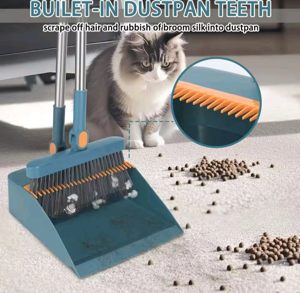 Broom and Dustpan Set with Built-In Bristle Comb for Easy Broom Cleaning – New