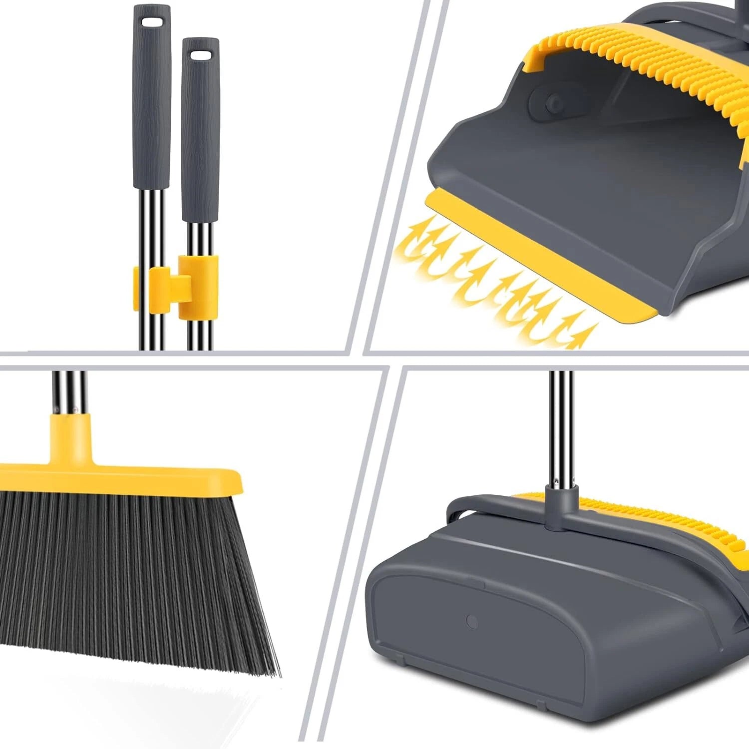 Broom Dustpan Home Combo Office Indoor Outdoor Sweeping Stand Up (Gray&Yellow)