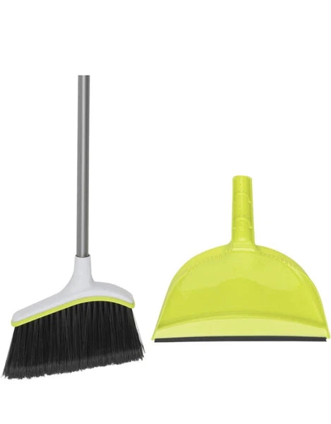 Casabella Basics 2-Piece Angled Broom and Dustpan Cleaning Set, Silver/Green New