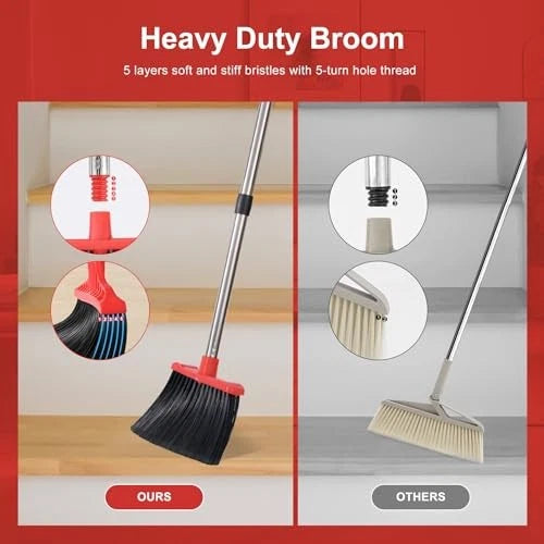 Large Upright Broom and Dustpan, Heavy Duty Dust Pan with 5" 1 Black and Red