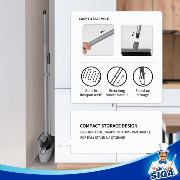 MR.SIGA Broom and Dustpan Set with Adjustable Long Handle Upright Combo for F...