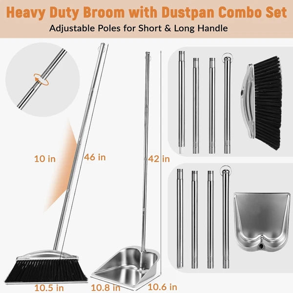 VOOWO Broom with Dustpan Combo Set, 46" Stainless Steel and Black