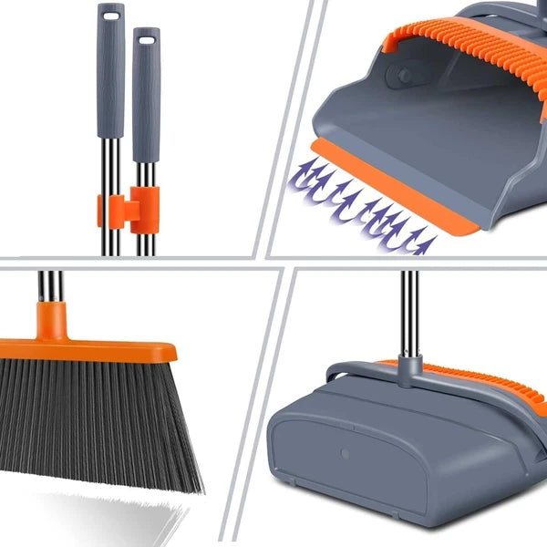 Long Handle Broom & Dustpan Set, 4 Row Bristles, Indoor/Outdoor, Gray&Orange