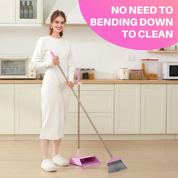 JOYMOOP Pink Broom and Dustpan Set, Upright Angle, Built-in Comb Teeth Pet Hair