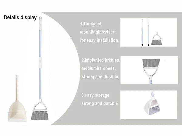 Mini Broom with Dustpan for Kids Little Housekeeping Helper Set White+Grey