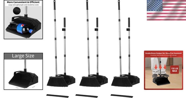 Space-Saving Broom & Dustpan Set - Long Handle, Heavy Duty Cleaning Tools