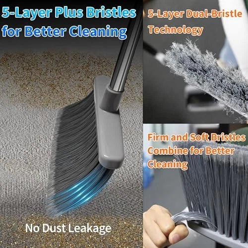 Broom with Dustpan Combo Set Broom and Black&Grey with Firm and Soft Bristles
