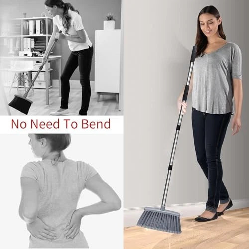 Broom with Dustpan Combo Set Broom and Black&Grey with Firm and Soft Bristles