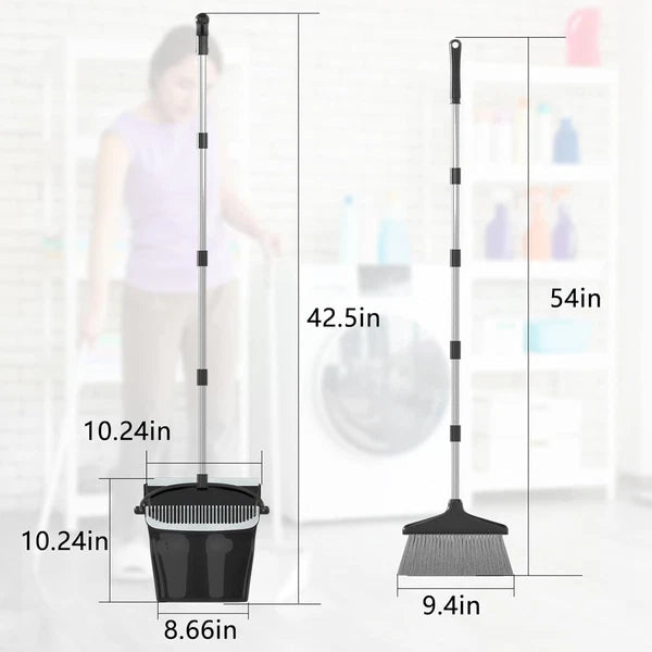 Long Handle Broom & Dustpan Set - 54” for Home & Office Cleaning (Black/Grey)