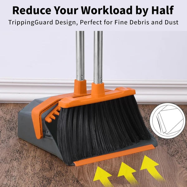 Broom and Dustpan Set, Large Brooms Dust Pans with 51'' Orange Grey