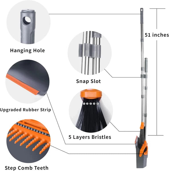 Broom and Dustpan Set, Large Brooms Dust Pans with 51'' Orange Grey