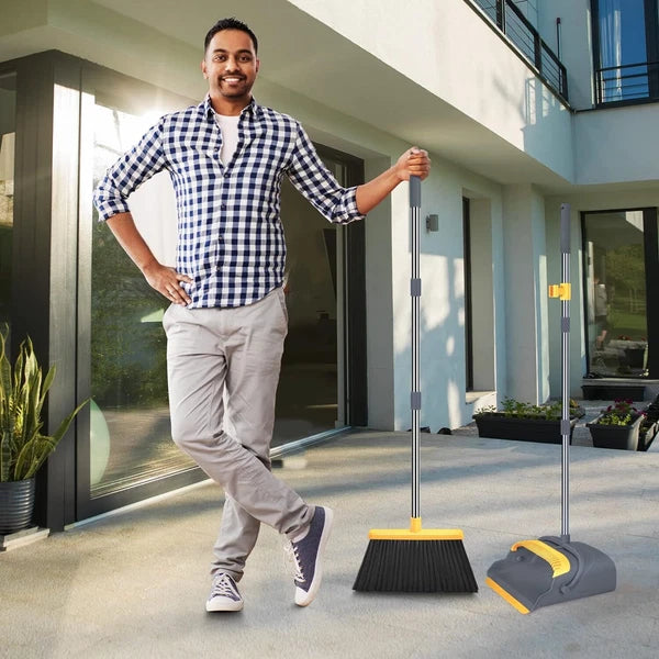 Broom Dustpan Home Combo Office Indoor Outdoor Sweeping Stand Up (Gray&Yellow)