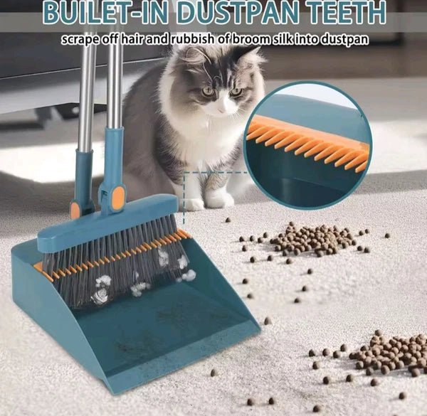 Broom and Dustpan Set with Built-In Bristle Comb for Easy Broom Cleaning – New