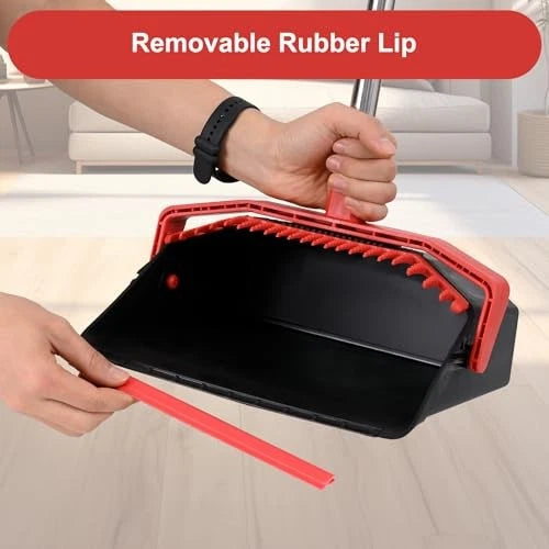 Large Upright Broom and Dustpan, Heavy Duty Dust Pan with 5" 1 Black and Red