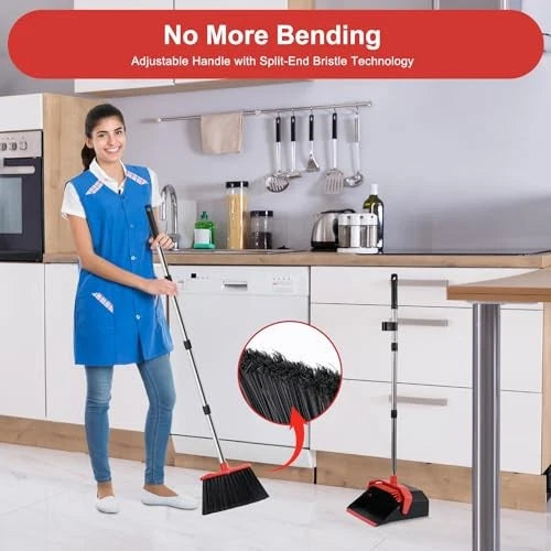 Large Upright Broom and Dustpan, Heavy Duty Dust Pan with 5" 1 Black and Red