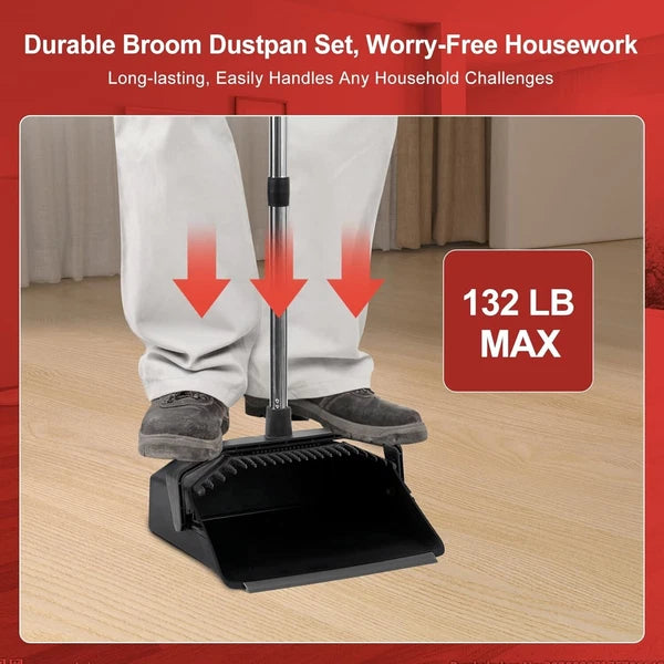Space-Saving Broom & Dustpan Set - Long Handle, Heavy Duty Cleaning Tools