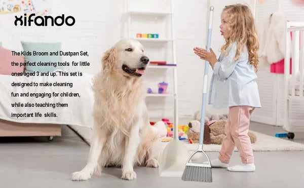 Mini Broom with Dustpan for Kids Little Housekeeping Helper Set White+Grey