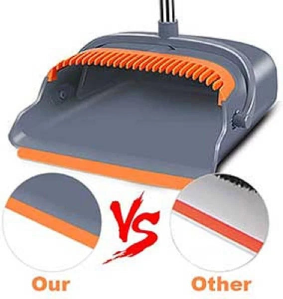 Long Handle Broom & Dustpan Set, 4 Row Bristles, Indoor/Outdoor, Gray&Orange