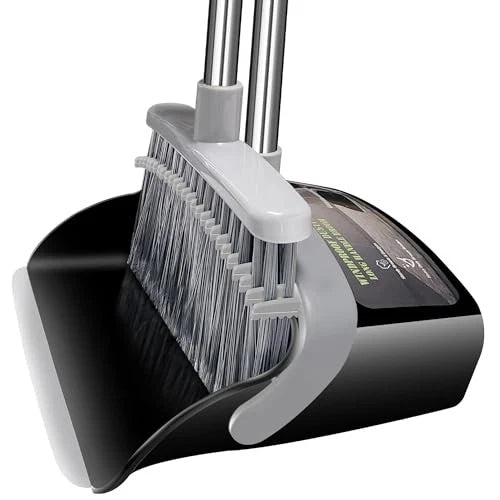Broom with Dustpan Combo Set Broom and Black&Grey with Firm and Soft Bristles