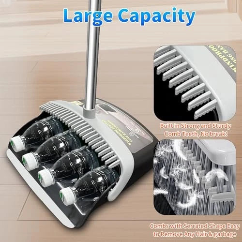 Broom with Dustpan Combo Set Broom and Black&Grey with Firm and Soft Bristles