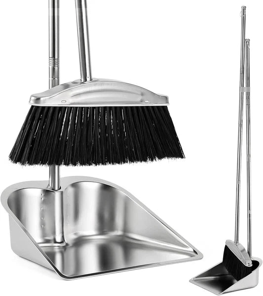 VOOWO Broom with Dustpan Combo Set, 46" Stainless Steel and Black