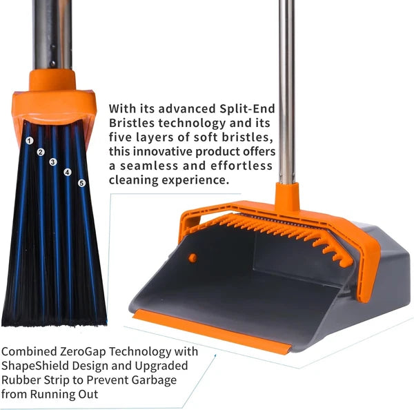 Broom and Dustpan Set, Large Brooms Dust Pans with 51'' Orange Grey