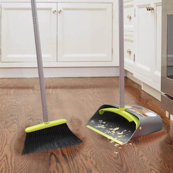 Green Plastic Upright Broom and Dustpan Set