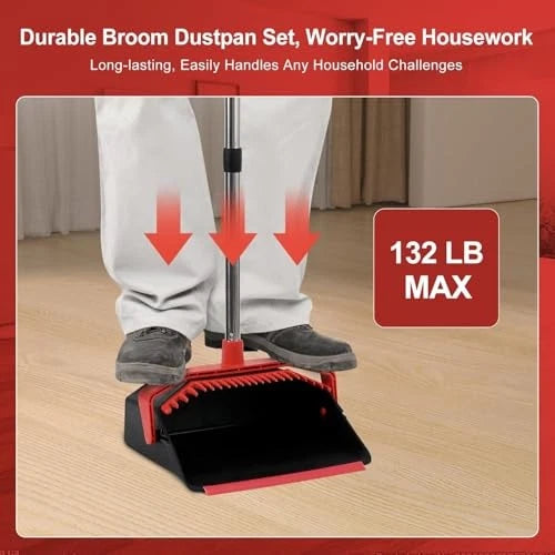 Large Upright Broom and Dustpan, Heavy Duty Dust Pan with 5" 1 Black and Red