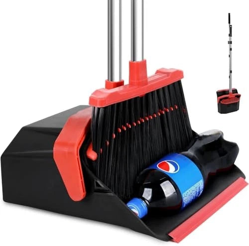 Large Upright Broom and Dustpan, Heavy Duty Dust Pan with 5" 1 Black and Red