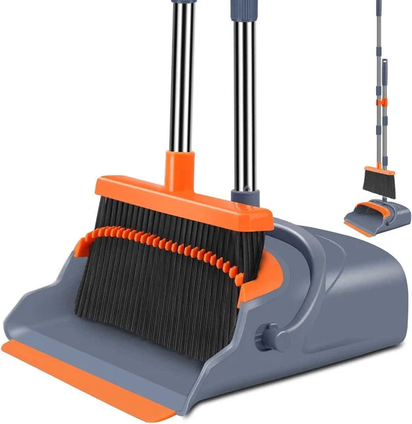 Long Handle Broom & Dustpan Set, 4 Row Bristles, Indoor/Outdoor, Gray&Orange