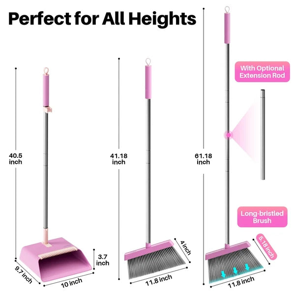 JOYMOOP Pink Broom and Dustpan Set, Upright Angle, Built-in Comb Teeth Pet Hair