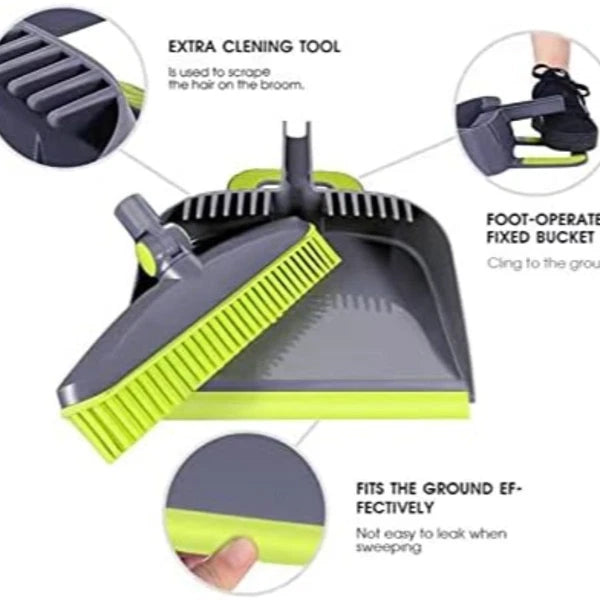 Adjustable Rubber Push Broom & Dustpan Set, Self Cleaning for Home, Office