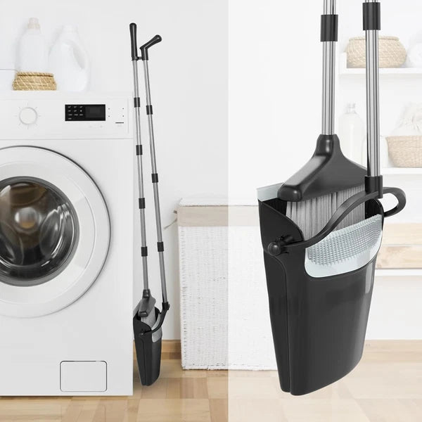 Long Handle Broom & Dustpan Set - 54” for Home & Office Cleaning (Black/Grey)