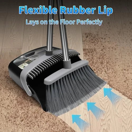 Broom with Dustpan Combo Set Broom and Black&Grey with Firm and Soft Bristles