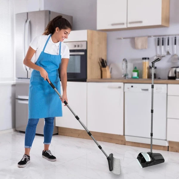 Long Handle Broom & Dustpan Set - 54” for Home & Office Cleaning (Black/Grey)