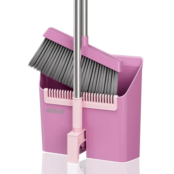 JOYMOOP Pink Broom and Dustpan Set, Upright Angle, Built-in Comb Teeth Pet Hair